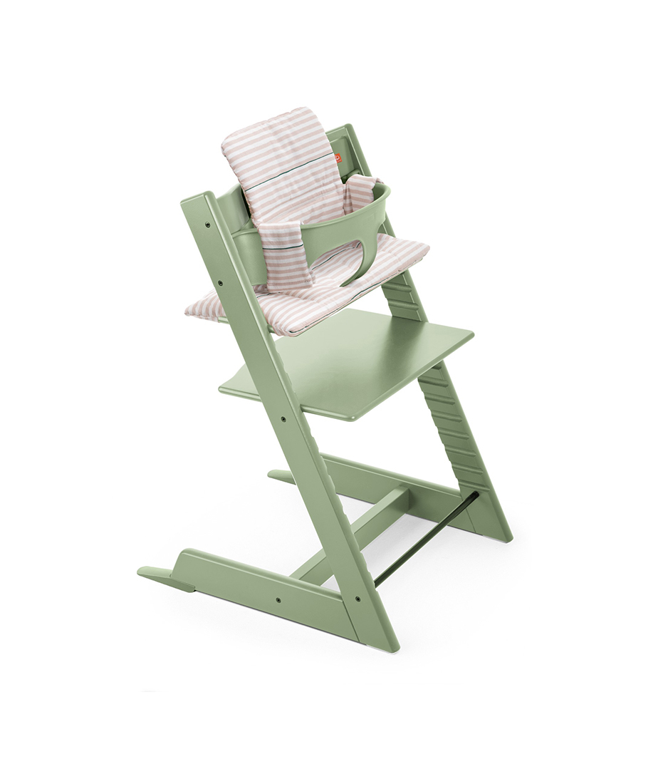 Tripp Trapp&reg; Moss Green with Baby Set and Pink Stripe Cushion.